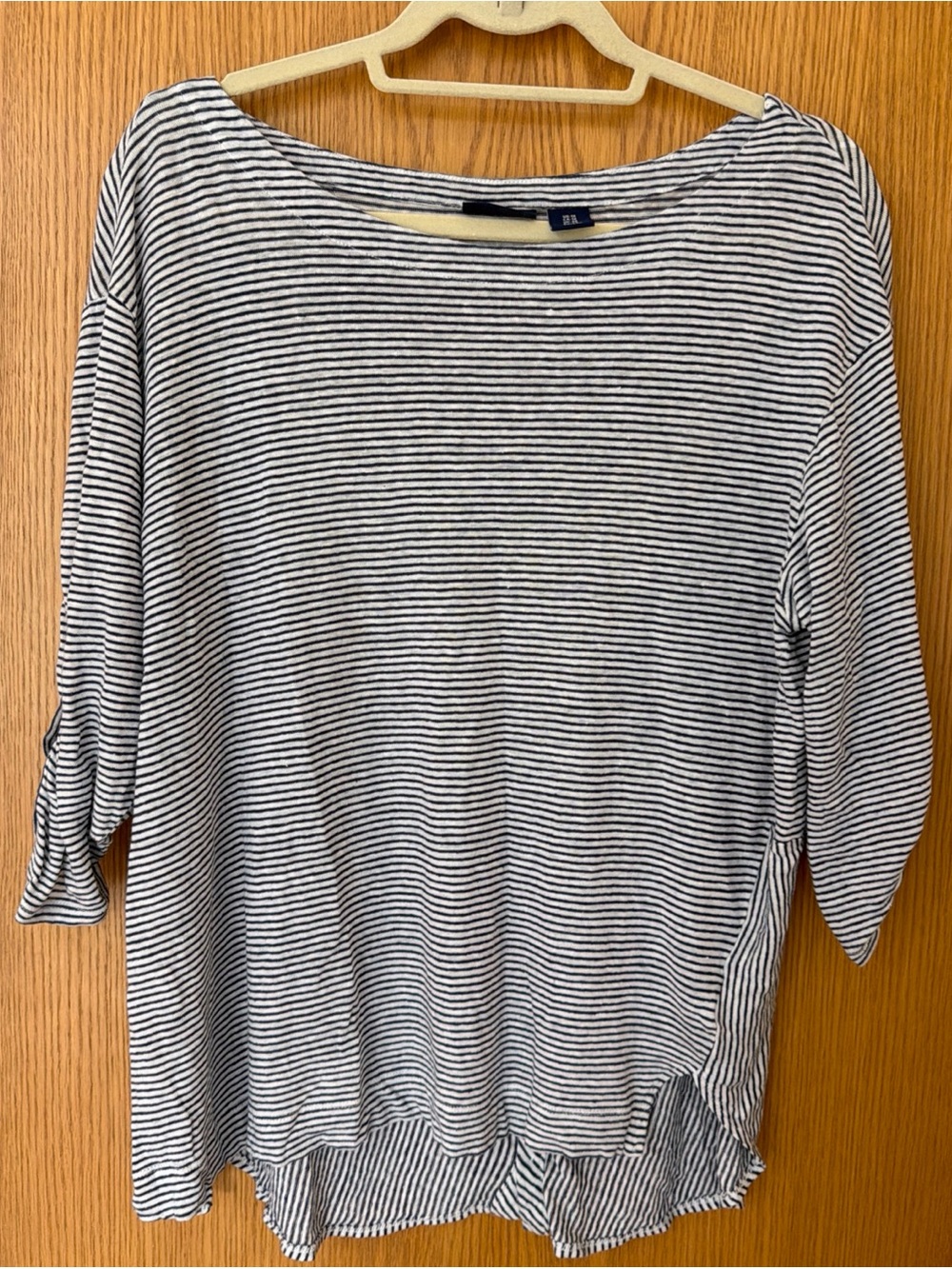 ADRIENNE VITTADINI | 100% Linen Blue and White Stripe Boxy Boat Neck Tee | 1X